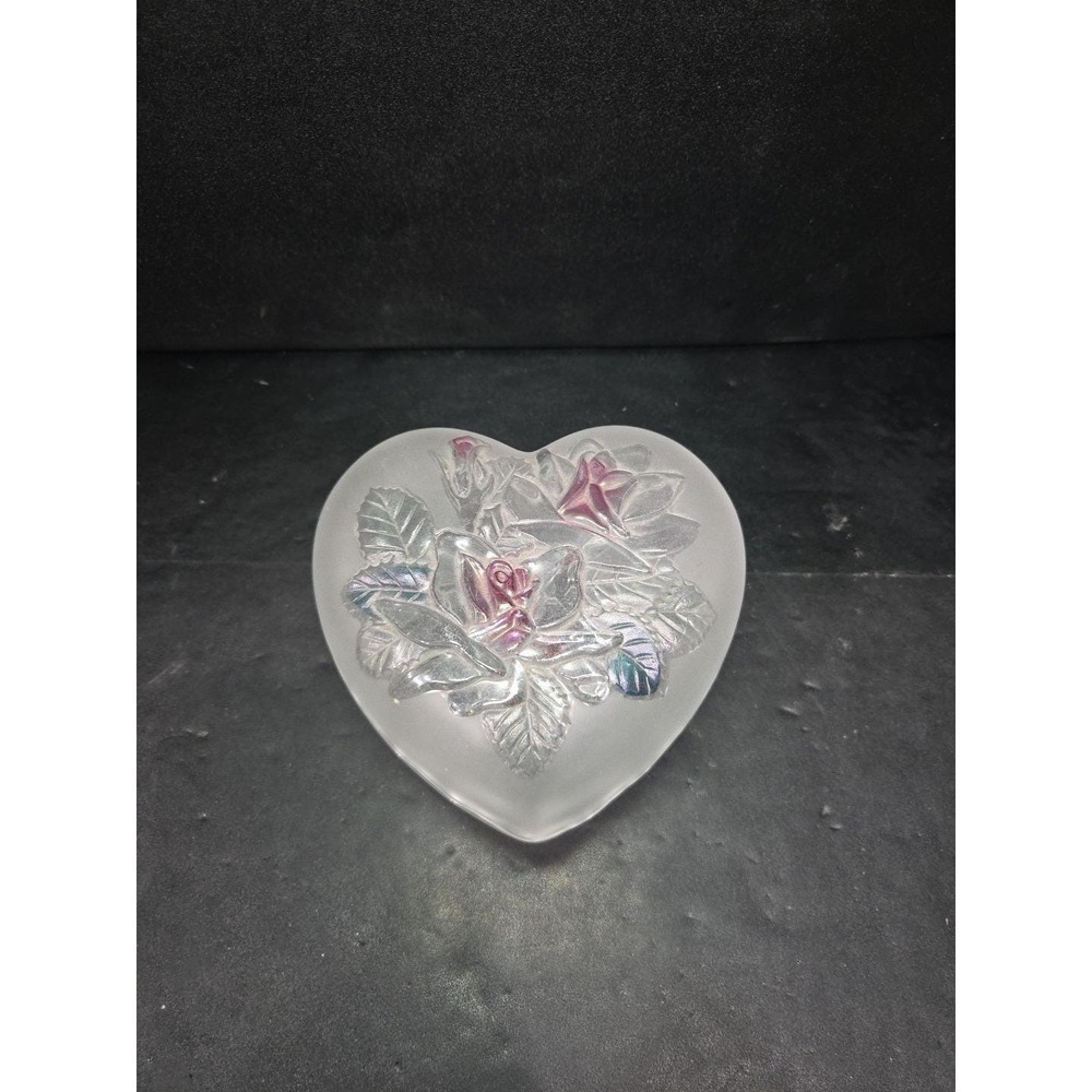 Studio Nova‎ Heart Shaped Trinket Box, Frosted Glass Dish, Embossed Pink Roses